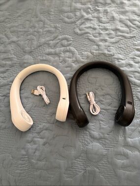 Portable Neck Fans - White and Dark Brown (Pair)